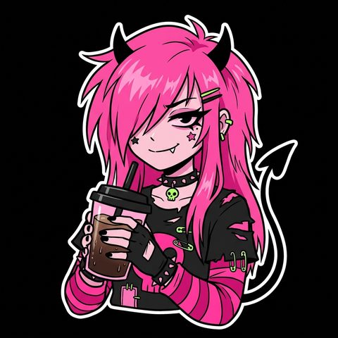 Profile picture: an anime girl with long hot-pink hair, small devil horns and a tail, holding an iced coffee